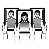 Voters scrutinizing candidate fact checks concept as Wide shot of voters intently reading candidate fact checks on their devices Camera moves between different voters showing vari Square Square vector