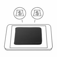Wallet with holographic buy icons concept as A leather wallet rests on a glossy white surface with two holographic icons floating above a glowing buy button and a dollar sign symbo Square Square vector