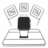 Watch with holographic offer badges concept as A smartwatch is displayed on a glossy white stand with two holographic icons floating above a glowing discount tag and a percentage s Square Square vector