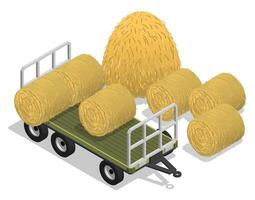 Isometric agricultural tractor hay with straw roll. Transport and equipment for transporting agricultural products on farm. Realistic cartoon 3d image isolated on white background vector