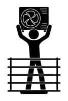 Stick figure, worker, installer of conditioning and air filtration systems, installs external unit. Maintenance of equipment. Simple black and white isolated on white background vector
