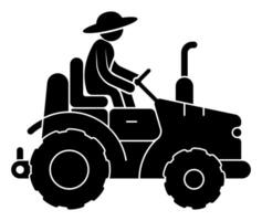 Stick figure, farmer in straw hat drives farm tractor. Transport and equipment for transporting agricultural products on field. Simple black and white isolated on white background vector