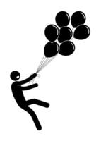 stick man, person with Garland of balloons is carried by strong wind, he cannot stay on his feet. Simple black and white isolated on white background vector