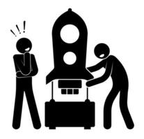 Stick figure, engineers are assembling model of space rocket on pedestal. Design of rockets and ships in aerospace industry. Simple black and white isolated on white background vector