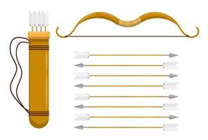 cartoon Hunting bow with arrows and quiver for storage. Archery or hunter tool. Medieval weapon item of ancient warrior. Isolated image on white background vector