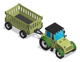Isometric agricultural tractor with hay. Transport and equipment for transporting agricultural products on field. Realistic cartoon 3d image isolated on white background vector