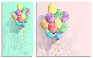 Garland of realistic balloons to decorate special occasions, birthdays on rectangular and square greeting card background. Realistic color vector