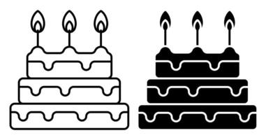 Linear icon. Celebratory tiered cake with burning candles. Dessert for birthday celebration. Simple black and white image isolated on white background vector