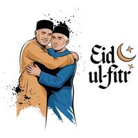 Eid ul fitr greeting card with two muslim men hugging vector