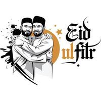 Eid al-fitr greeting card with two muslim men hugging vector