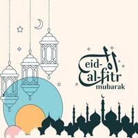 Eid crescent moon and mosque background with lanterns and stars illustration vector