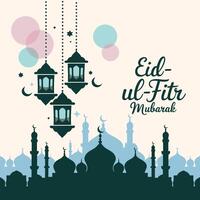 Eid ul fitr mubarak greeting card with mosque and lanterns vector
