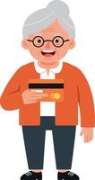 Elderly woman smiling while holding a credit card in flat art vector