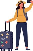 Happy traveler taking selfie with suitcase in flat art vector