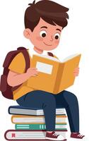 Child reading book while sitting on stack of colorful books illustration vector