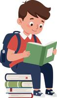 Young boy reading a book while sitting on stacked books illustration vector