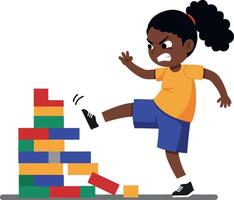 Child kicking over colorful building blocks in flat art vector