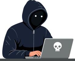 Mysterious hacker in a hoodie using a laptop in flat art vector