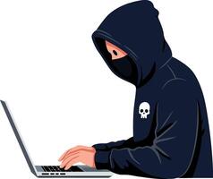 Hooded figure using laptop in minimal flat art vector