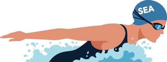 Swimmer in motion with blue cap and waves in flat art vector