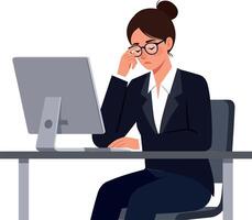 Businesswoman feeling stressed while working at computer in flat art vector