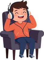 Happy boy enjoying music while sitting in a comfortable chair illustration vector