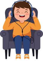Happy child enjoying music while sitting in a cozy chair illustration vector