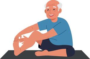 Elderly man performing a stretching exercise in flat art vector