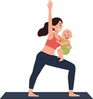 Mother practicing yoga with baby in flat art style vector