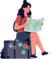 Woman sitting on suitcase reading map in flat illustration vector