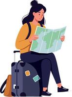 Woman sitting on suitcase examining map in flat art vector