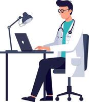 Doctor working on laptop at a desk in flat art vector