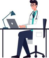 Doctor working at desk with laptop in flat art vector