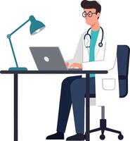 Doctor working at a desk with laptop and lamp in flat art vector