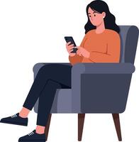 Woman sitting on a chair using a smartphone in flat art vector