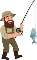 Fisherman smiling while catching fish in flat art vector