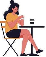 Woman enjoying coffee while sitting at a table in flat art vector