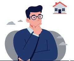 Thinking person in flat design contemplating house purchase art vector