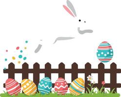 Bunny hopping over a fence with colorful eggs in flat art vector