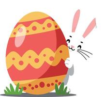 Cute bunny hiding behind colorful Easter egg in flat art vector