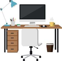 Simple workspace design featuring desk lamp, monitor, and chair illustration vector