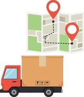 Delivery truck navigating map with route markers in flat art vector