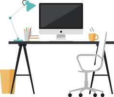 Modern workspace with desk, chair, lamp, and computer in flat art vector