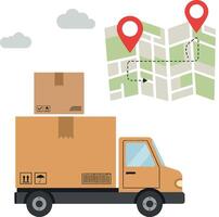 Delivery truck transporting boxes with map and location markers art vector