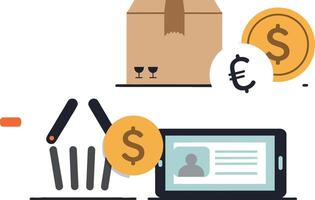 Online shopping process with payment, package, and digital elements in flat art vector