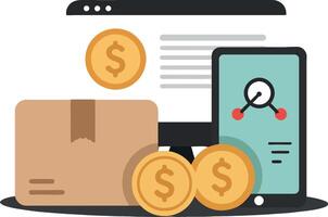 Online shopping process with smartphone and package in flat art vector