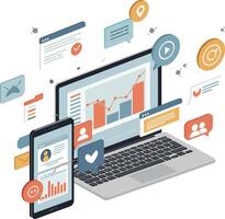 Laptop and smartphone displaying data analytics in flat art vector