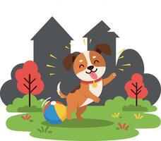 Happy dog playing with a ball in a colorful flat illustration vector