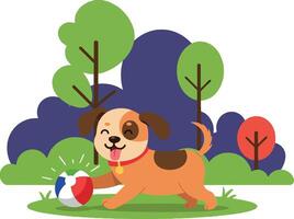 Happy playful dog running with a colorful ball in flat art vector
