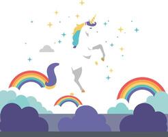 Majestic unicorn jumping over colorful rainbows in flat art vector